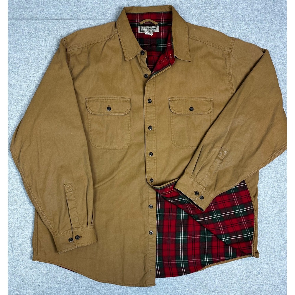 Vintage 90s LL Bean Flannel Lined Shirt Jacket Mens XXL Brown Canvas Workwear